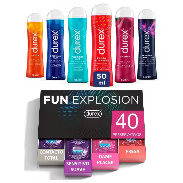Durex - Lote Fun Explosion, Pack 40 Preservativos + Lubricantes Durex 50ml, Original, Calor, Frescor. Fresa, Perfect Connection y Cherry - 1