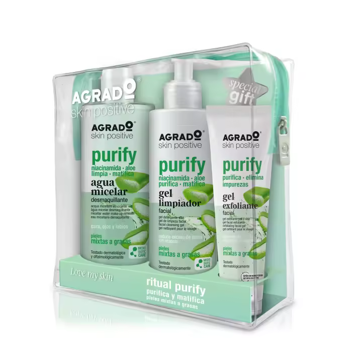 AGRADO - Neceser de Limpieza Facial Purify, Pack con Agua Micelar 400 ml, Gel Limpiador 250 ml y Gel Exfoliante 100 ml, Aloe vera y Nicinamide, Hidrata la Piel, Ayuda a la Reducción de Manchas, Contribuye al Colágeno, para Pieles Mixtas y Grasas. - 1
