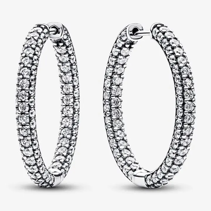Pandora Pendientes de Aro en Plata de Ley Una Hilera Atemporal Brillante，Incluye Caja Original - 1