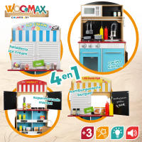 WOOMAX - Cocina de madera 4 en 1 con heladería y supermercado, juguete interactivo con luz y sonido, 60x40x109 cm, 31 piezas y accesorios para cocinar y vender, ideal para juegos de rol, +3 años, juguete educativo y multifuncional con detalles realistas - details 1