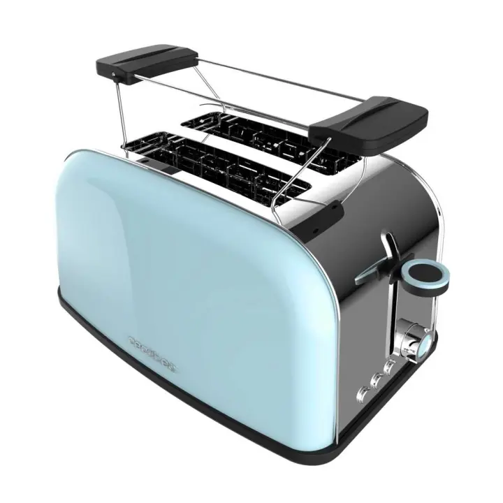Tostadora vertical azul Toastin' time 850 de acero con doble ranura corta - 850 W de potencia y soporte para panecillos Cecotec - 1