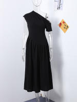 Vestido Maxi De Verano Para Mujer Elegante Y Chic Con Plegado Y Patchwork En Negro Cuello Media-Torço Manga Corta Cintura Alta A-Line Para Oficina Y Calle - details 3