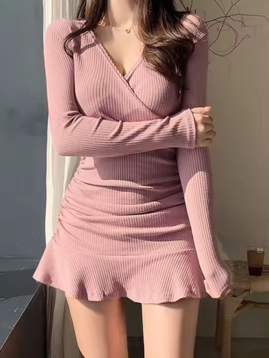 Vestido Midi Elegante De Punto Negro Para Mujer Con Cuello En V Manga Larga Volantes Y Corte Fino Para Otoño Ropa Coreana - 1