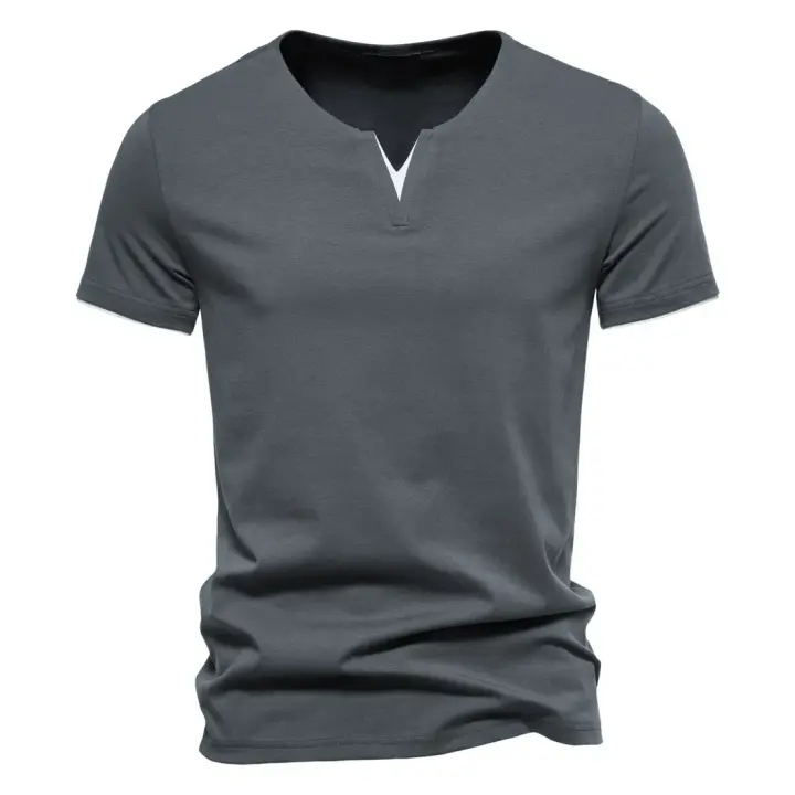 Camiseta De Algodón Para Hombre Con Cuello En V Estilosa Y Transpirable Para El Verano Con Mangas Cortas Ropa Hawaiana Casual - 1