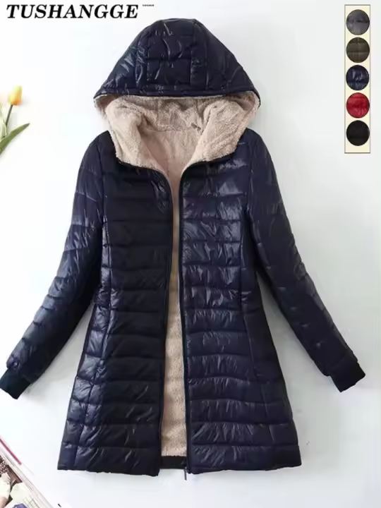 Abrigo De Algodón Para Mujer Estilo Coreano Con Capucha Y Cierre De Cremallera Manga Larga Color Sólido Ajustado Para Otoño E Invierno - 1