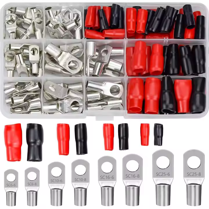 Kit de lengüetas de crimpado de 120 piezas Terminales eléctricos de automóviles con terminales de batería de crimpado Conector SC Vista previa de la boca y botas de aislamiento Rojo Negro - 1