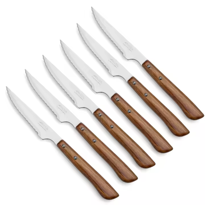 Arcos Cuchillos Carne  Cuchillos chuleteros Set Cuchillo de Mesa Sierra  Mango Madera Tratada  6 pzas  Hoja 110 mm  Cuchillos Carne Mesa  Apto lavavajillas - 1