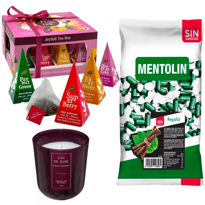 Pack surtido: MENTOLIN REGALIZ S/A BOLSA 1KG + Vela perfumada en vidrio rosa de silicona 170 g + Caja de Té Joyfull con variedad de sabores - 1