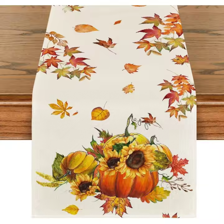 Camino de mesa de otoño con calabazas, girasoles y hojas de arce, decoración de mesa de comedor de cocina de temporada otoñal para decoración de fiesta en el hogar, 33 x 183 cm - 1