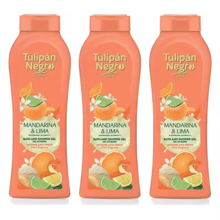 TULIPAN NEGRO, Gel de Baño y Ducha Mandarina y Lima 650ml (Pack de 3x650ml), Tulipán Negro de la Línea Gourmand Intensity, Máxima Hidratación y Suavidad para la Piel, Frescura Energizante, Aroma cítrico y refrescante a Mandarina y Lima - 1