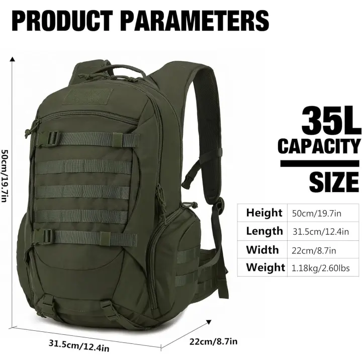 Mochila táctica de senderismo y rutas de montaña de 35 litros Prowalk , para excursiones de montañismo con sistema molle, EDC, con ajustes de pecho y cintura, unisex, versátil y impermeable muy confortable de llevar en tus aventuras - 1