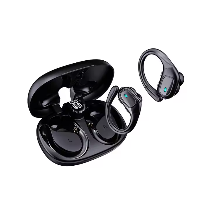 Auriculares inalámbricos para deportes con gancho de oreja flexible, graves profundos, micrófono con cancelación de ruido, 15 horas de reproducción, 90 horas de batería, carga rápida USB-C, auriculares seguros para correr con pantalla LED dual - 1