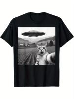 Camiseta Unisex con Estampado de OVNI y Gato – Camiseta Holgada, Casual y Divertida, Manga Corta con Cuello Redondo, Gran Tamaño para Hombre y Mujer - details 1