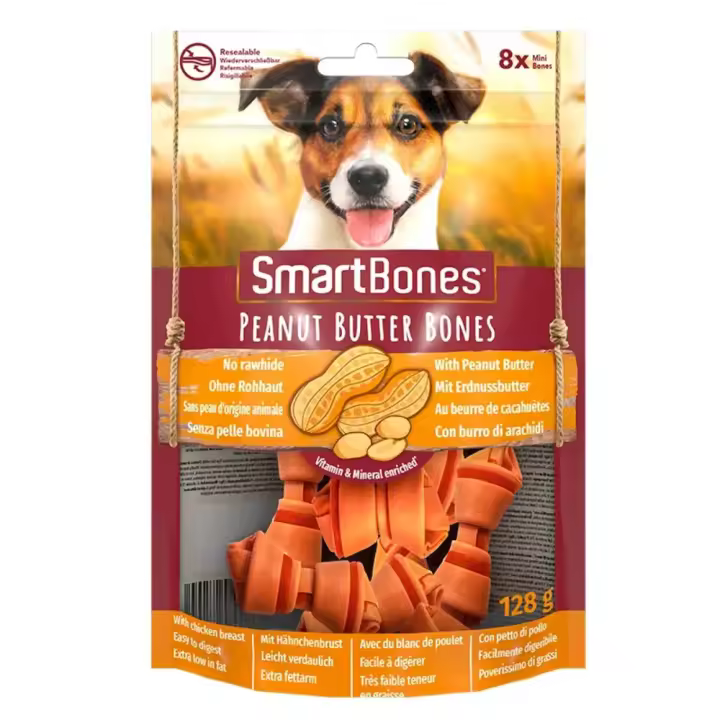 Smartbones Peanut Butter Bones sin cuero crudo combinan mantequilla de cacahuete por fuera y delicioso pollo por dentro,  snacks masticables para perros medianos, muy bajos en grasa y fáciles de digerir. - 1