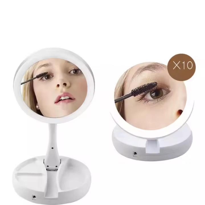 ZVD Espejo Led plegable con carga USB o batería, espejo de tocador blanco para maquillaje, cosmético con luz - 1