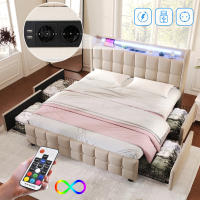 Cama tapizada con función de Carga, función de carga USB, sombrero E iluminación LED Y 4 cajones, Cama Doble 160x200 cm, Cama con almacén, somier, Marco de listones de Madera, beige (con colchón) - details 9