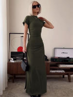 Vestido Maxi Bodycon Dulzura Con Cuello En 'O' Manga Corta Y Abertura En El Lado Elegante Y Ajustado Para Mujer Streetwear Otoño Invierno - details 15