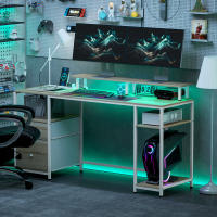 HOMCOM Mesa de Escritorio Mesa de Ordenador con Luces LED Estantes Cajones Tomas de Corriente Puertos USB y Soporte para Monitor para Oficina Estudio 155,5x48x88,5 cm Natural - details 3