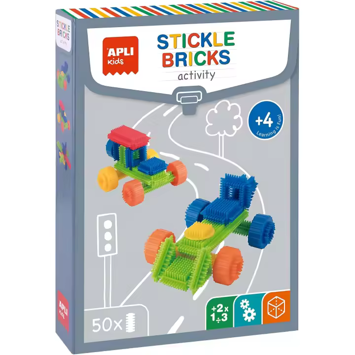 APLI Kids 19159 - Juego de construcción Stickle Bricks - 50 piezas para construir vehículos y personajes - Incluye 8 fichas con ejemplos - 1