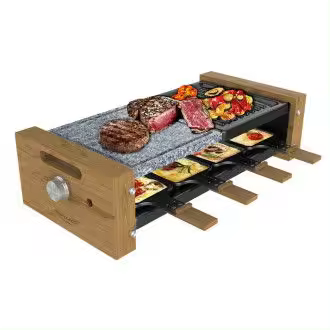 CECOTEC 03100 Raclette con 2 placas de acero y piedra natural tiene 8 sartenes individuales Cheese&Grill 8400 Wood MixGrill - 1