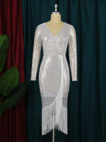 Vestido De Fiesta Para Mujer AOMEI Con Lentejuelas Plateadas Manga Larga Y Abertura En La Parte Inferior Estilo Bodycon Elegante Con Flecos Vestido De Cocktail Para Eventos De Mediana Longitud - details 4