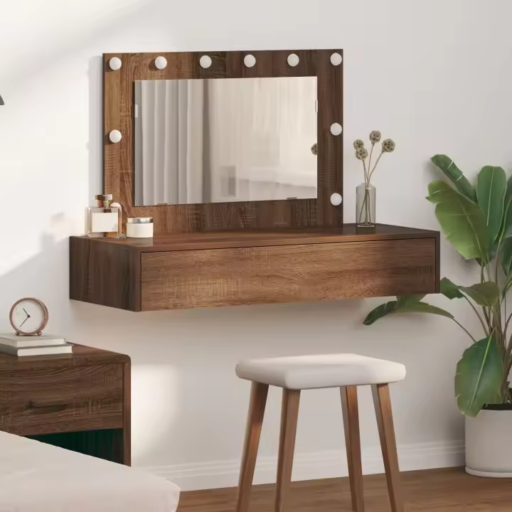 Mesa de tocador colgante vidaXL con luces LED en roble marrón - 1