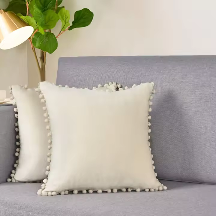 Verde - Fundas de Almohada de Terciopelo Blanco Crema con Pompones - Set de 2 - 1