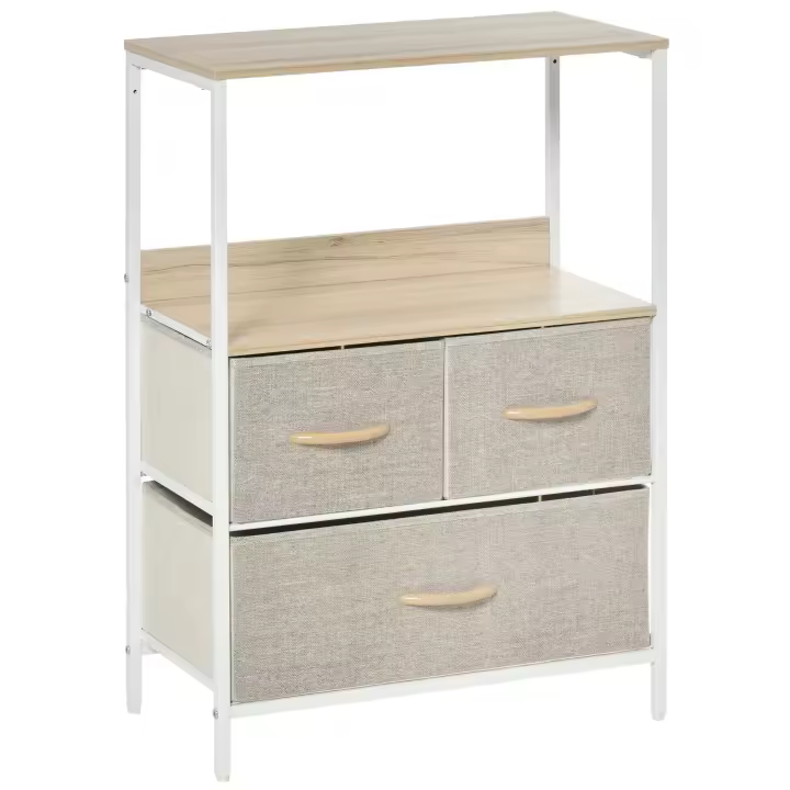 HOMCOM Mueble de almacenaje con 3 cajones telas, estante y estante superior, mueble auxiliar pequeño - 58W x 29D x 81,5H cm - metal natural y blanco - 1