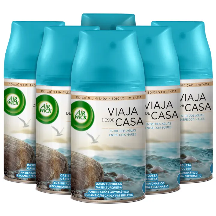 Air Wick Freshmatic Edición Limitada Viaja desde casa - Ambientador spray automático, esencia para casa con aroma a Entre dos aguas (Oasis Turquesa) - 6 Recambios - 1
