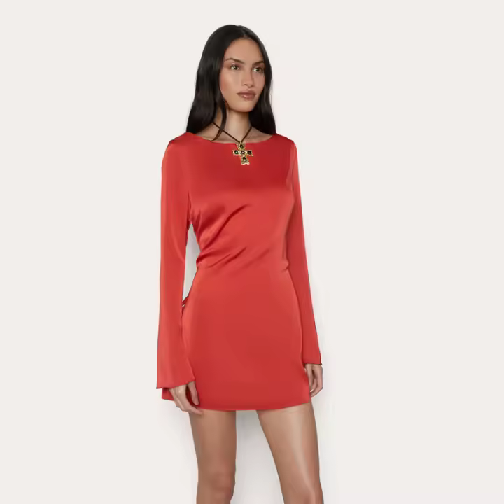 Vestido De Fiesta Corto Para Mujer Fantoye En Satén Con Encaje Espalda Descubierta Cuello En O Manga Larga Ajustado Para Club Nocturno - 1