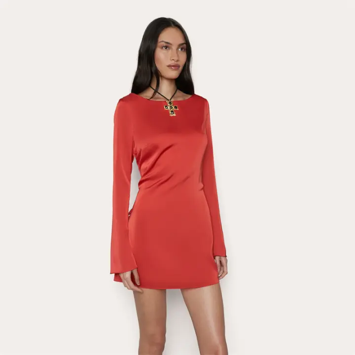 Vestido De Fiesta Corto Para Mujer Fantoye En Satén Con Encaje Espalda Descubierta Cuello En O Manga Larga Ajustado Para Club Nocturno - 1