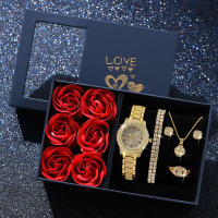 Set De Moda Para Mujer 6 Piezas Reloj Pulsera Con Collar Y Aretes Joyería De Lujo Con Diamantes Regalo De San Valentín - details 6