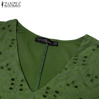 ZANZEA Vestido Mini De Verano Para Mujer Estilo Casual Con Encaje Bordado Hueco Y Manga Puff Vuelta En El Cuello Vestidos Puff Sleeve A-Line - details 7