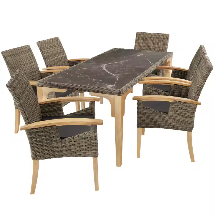 Tectake - Mesa de ratán Foggia con 6 sillas Rosarno  Elegante conjunto de muebles de ratán sintético compuesto por una mesa y seis sillas  Dos tableros extraíbles de porcelanato gres  Fino trenzado de ratán sintético de calidad con protección UVA - 1