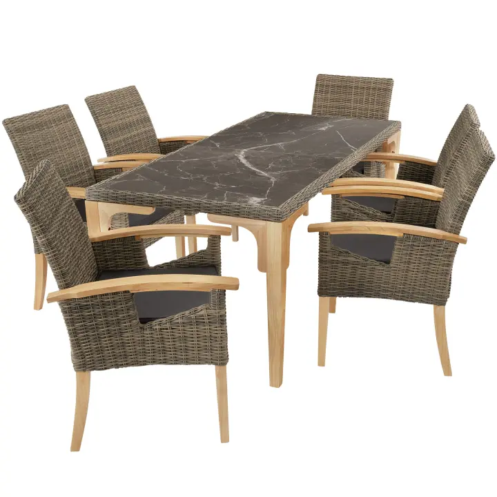 Tectake - Mesa de ratán Foggia con 6 sillas Rosarno  Elegante conjunto de muebles de ratán sintético compuesto por una mesa y seis sillas  Dos tableros extraíbles de porcelanato gres  Fino trenzado de ratán sintético de calidad con protección UVA - 1