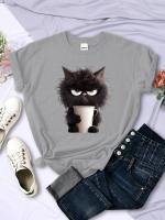 Camiseta Kawaii Para Mujer Con Estampado De Gato Negro Y Taza De Papel Cuello Redondo Transpirable Suave Verano Ropa De Calle - details 11