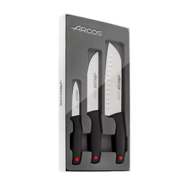 Arcos Serie Monaco - Set de Cuchillos de Cocina 3 piezas (Mondador + Cocina + Santoku) - Hoja de Acero Inoxidable NITRUM - Mango de Polipropileno Color Negro - 1