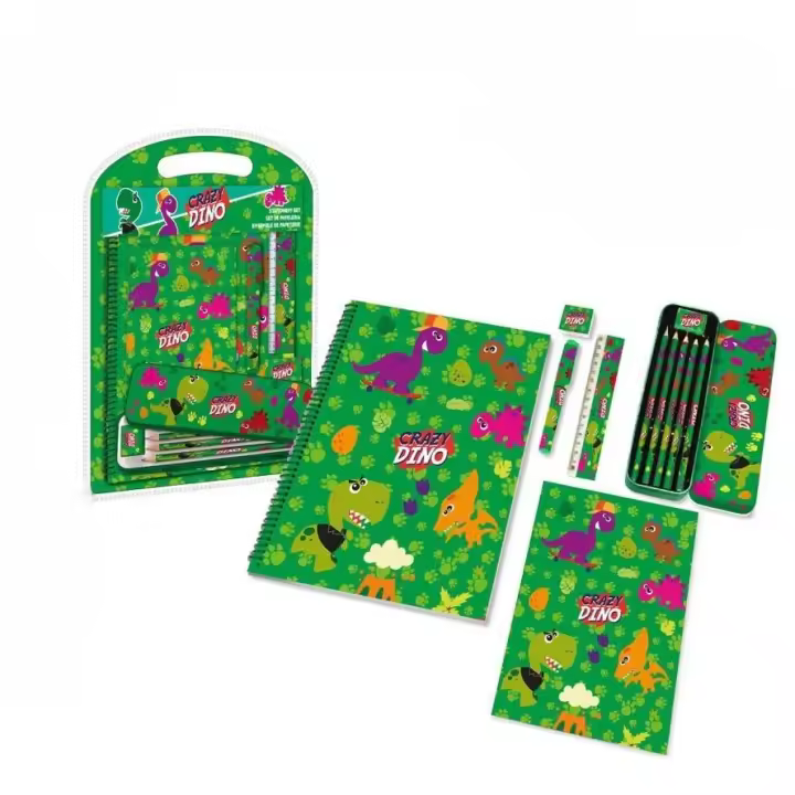 CRAZY DINO - Bumper con papelería de dinosaurios resistente para niños, estuche escolar portátil con lápices, rotuladores y gomas incluidos - 1