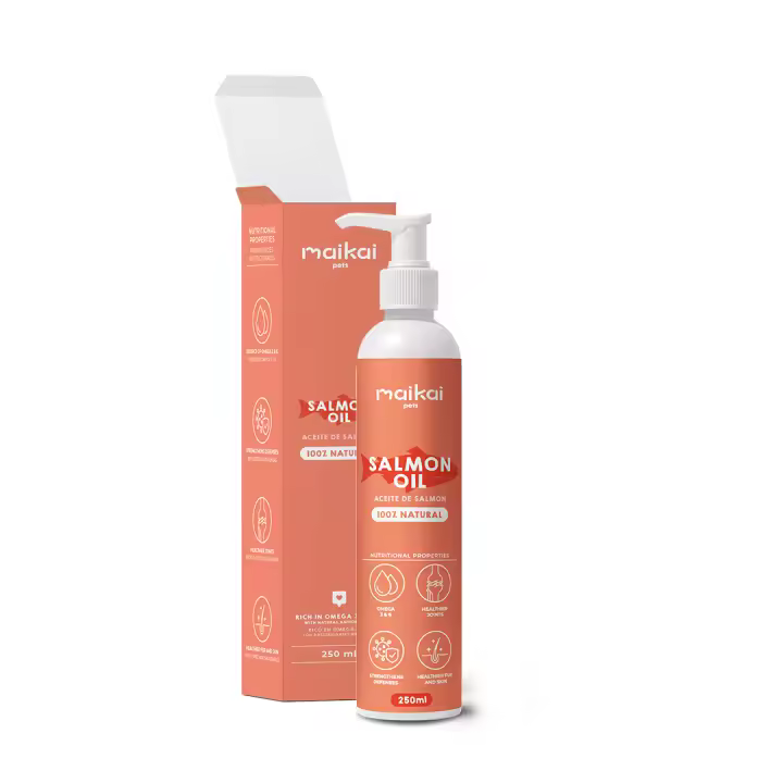 MAIKAI Aceite de Salmón para Perros y Gatos - 100% Natural y Puro - Fuente de Omega 3 y 6 - Antiinflamatorio - Piel Sana y Pelo Brillante - Vitaminas y Calcio - Articulaciones y Defensas - 1