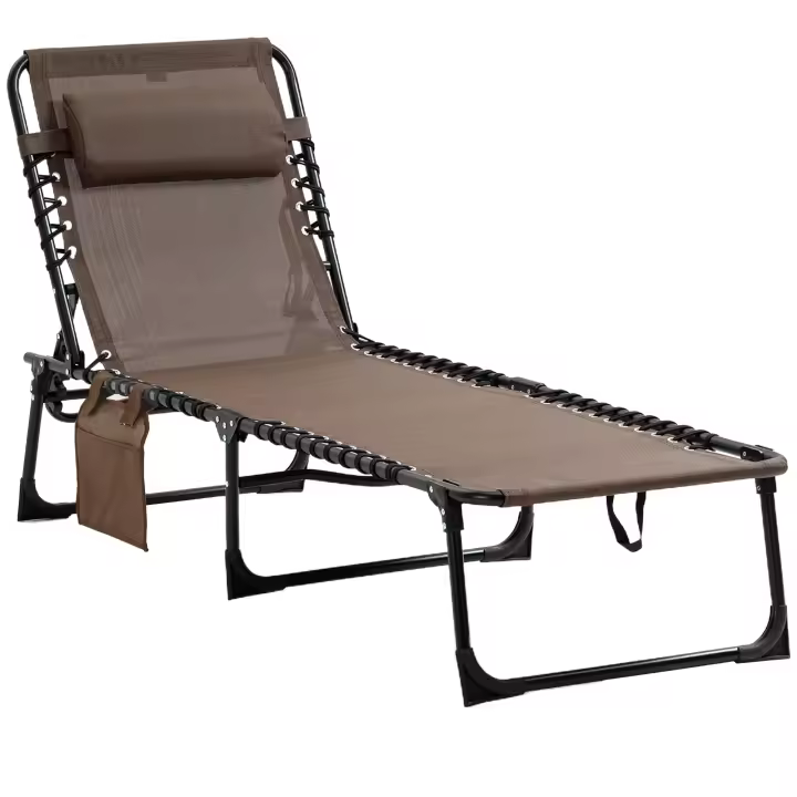 Outsunny Tumbona Plegable Tumbona Jardín Exterior con Respaldo Ajustable Reposacabezas Acolchado Bolsillo Lateral y Estructura de Acero 185x58x30 cm Marrón - 1