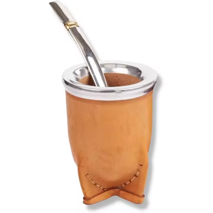 set Mate Camionero Algarrobo mas Bombilla Pico de Loro Artesanal Argentino Yerba Mate Eco Cuero Virola Acero - 1