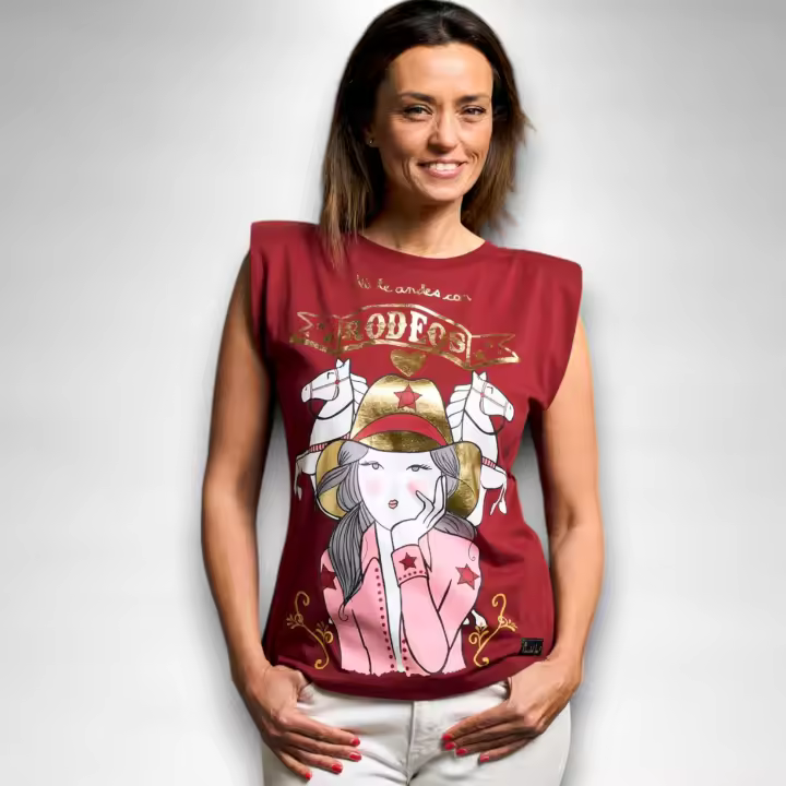Top Rodeos Anabel Lee - Sin Mangas, Hombros Definidos y Maxi Print Foil Dorado - 1
