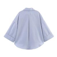 Camisa Asimétrica de Verano para Mujer – Estampado a Rayas, Mezcla de Lino, Mangas Anchas Rizadas, Cuello Versátil, Estilo Informal y Fresco - details 3