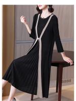Vestido Plisado Estilo Miyake Para Mujer Nueva 2025 Color Sólido Falso Dos Piezas Cuello Redondo Manga Larga Talla Grande Suelta Falda Plisada - details 13