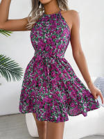 Vestido De Verano Casual Para Mujer Con Estampado Floral Y Volantes Estilo Halter Largo Mini Polyester Slim Fit Y Flare - details 4