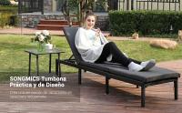 SONGMICS Tumbona, Tumbona de Relajación, para Tomar el Sol,con Colchón de 5 cm, Superficie Tejida, Inclinable, 59 x 198 x 28 cm, Carga 150 kg, para Jardín, Balcón, Terraza, Beige/Negro - details 1