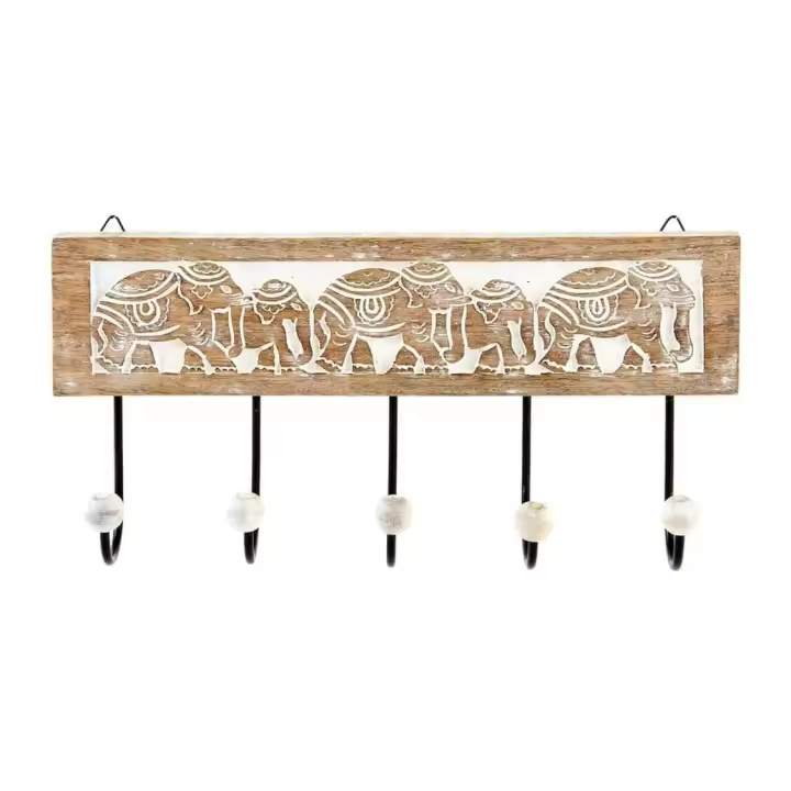 Dcasa Perchero pared 5 colgador madera tallada elefante 38x18 cm - 1