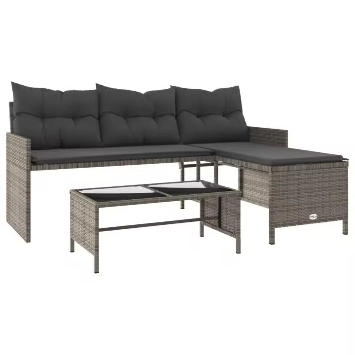 vidaXL Sofá de jardín en forma de L con mesa y cojines ratán PE gris - 1