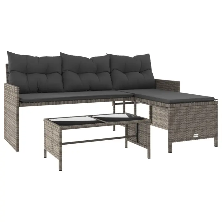 vidaXL Sofá de jardín en forma de L con mesa y cojines ratán PE gris - 1