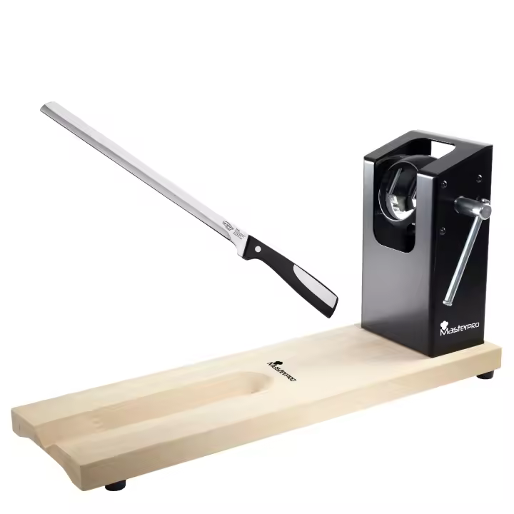 Jamonero BERGNER MASTERPRO de madera con soporte en acero inoxidable - Cortador de jamón en voladizo de 62x19,5x3,3 cm - 1